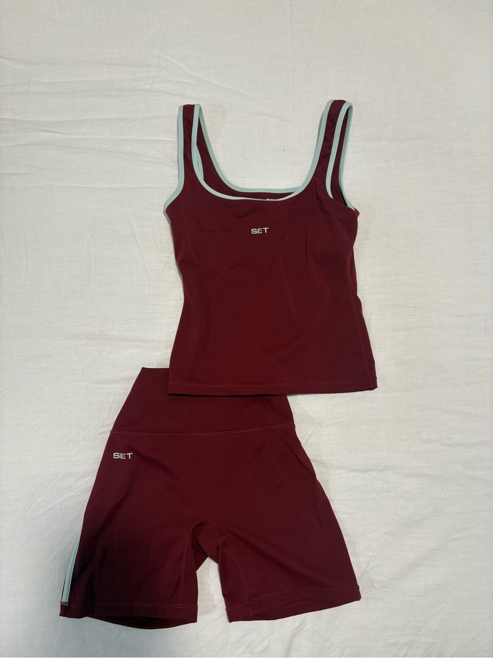 SET Active Maroon Tank Top & Biker Shorts Set with Mint Trim